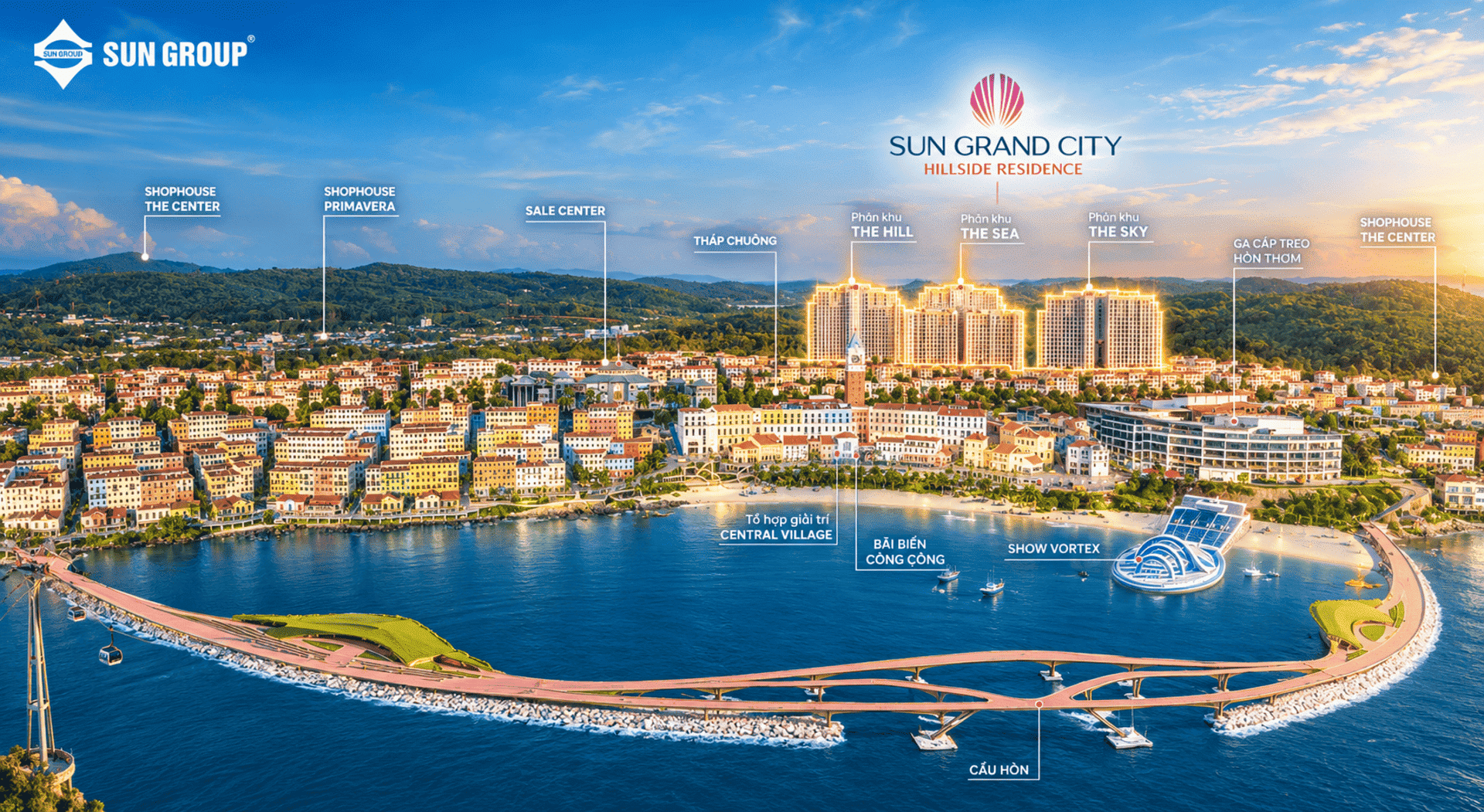 Toàn cảnh tổ hợp căn hộ cao tầng Sun Grand City Hillside Residence sở hữu tầm nhìn trực diện ra biển Tây và công trình Cầu Hôn biểu tượng. Vị trí Sun Grand City Hillside Residence tọa độ kim cương & mạng lưới hạ tầng kết nối