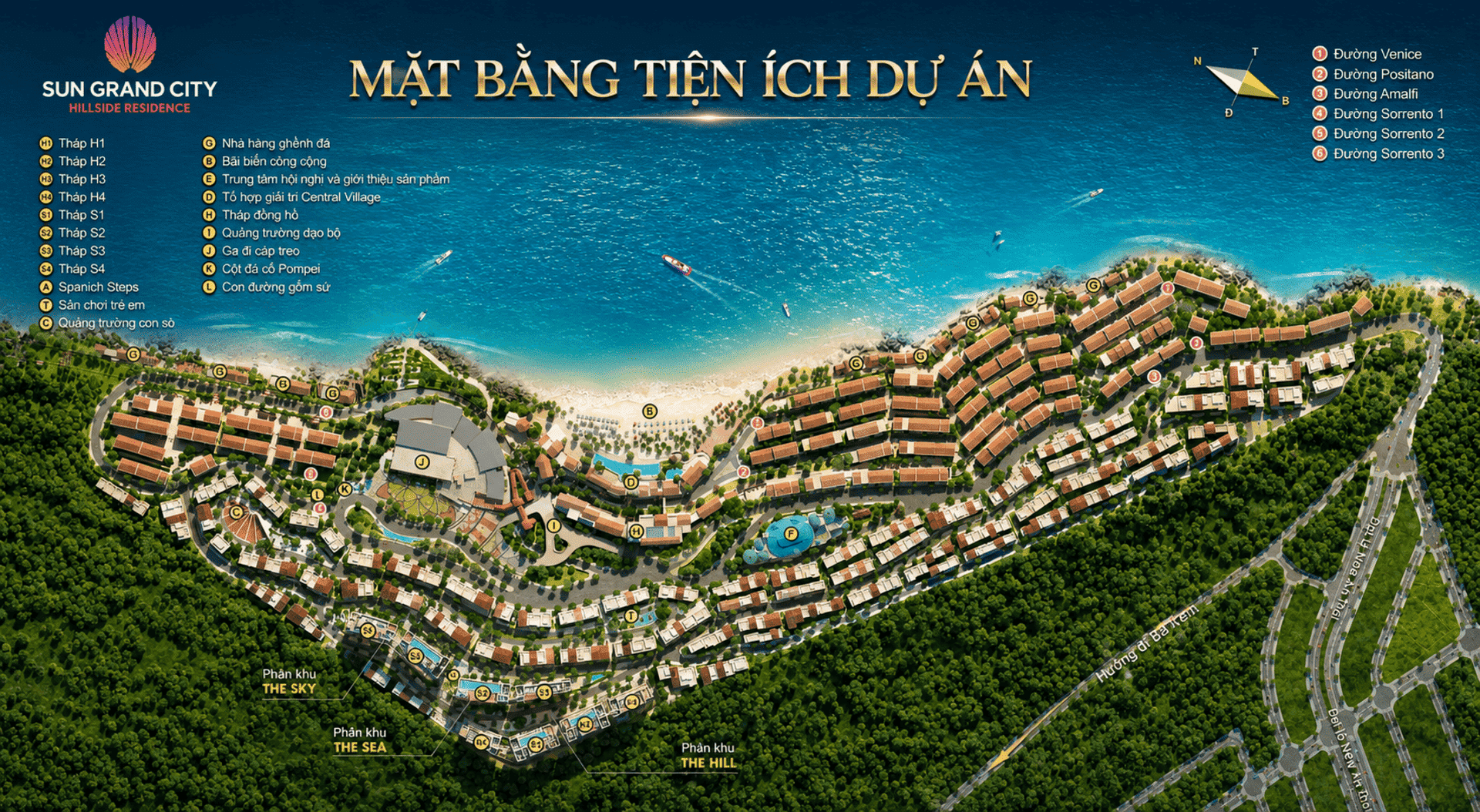 Tổng quan hệ thống tiện ích nội khu cao cấp tại căn hộ Sun Grand City Hillside Residence sở hữu hồ bơi vô cực trên tầng cao cùng góc nhìn hướng biển. Mặt bằng tổng thể dự án Sun Grand City Hillside Residence được phát triển bởi chủ đầu tư Sun Group.