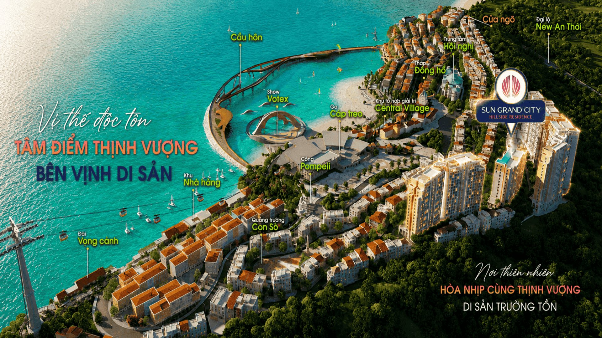 Tổng quan kiến trúc Taormina Địa Trung Hải đầy sắc màu tinh tế tại phân khu cao tầng Sun Grand City Hillside Residence giữa đảo ngọc Phú Quốc. Dự án căn hộ cao cấp Sun Grand City Hillside Residence sở hữu vị trí đắc địa trên đỉnh đồi trung tâm thị trấn Hoàng Hôn Sunset Town, được phát triển bởi chủ đầu tư Sun Group.