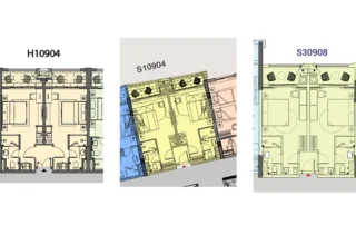 Ba mặt bằng Dual Key H10904, S10904 và S30908 tại Hillside, mỗi căn chia thành hai phần sinh hoạt