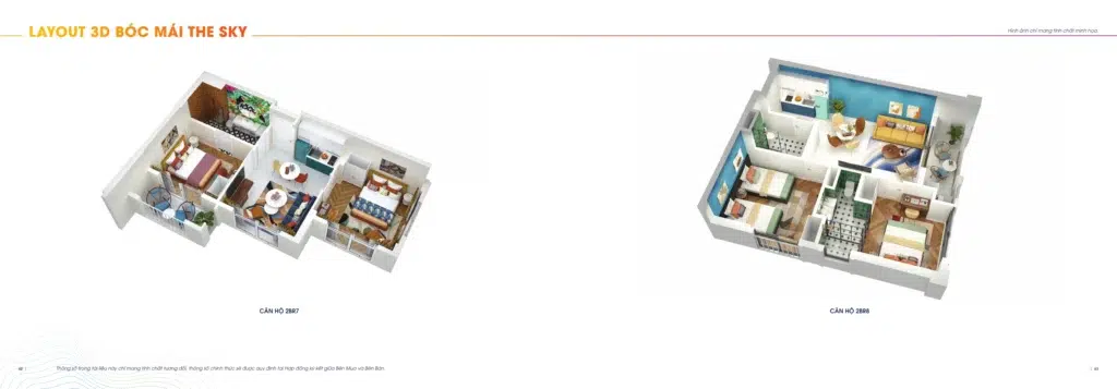 Phối cảnh bóc mái mẫu 2BR7 và 2BR8 của The Sky, giữ đầy đủ tên mẫu và chú thích