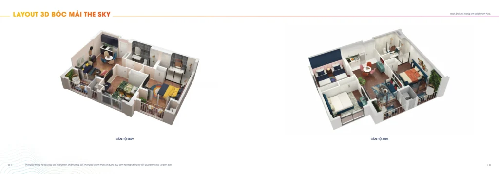 Phối cảnh bóc mái mẫu 2BR9 và 3BR3 của The Sky, giữ đầy đủ tên mẫu và chú thích