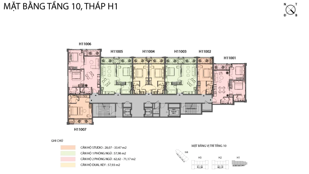 Mặt bằng Hillside tầng 10 tòa H1, gồm mã căn và chú giải loại căn