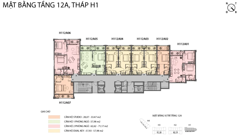Mặt bằng Hillside tầng 12A tòa H1, gồm mã căn và chú giải loại căn