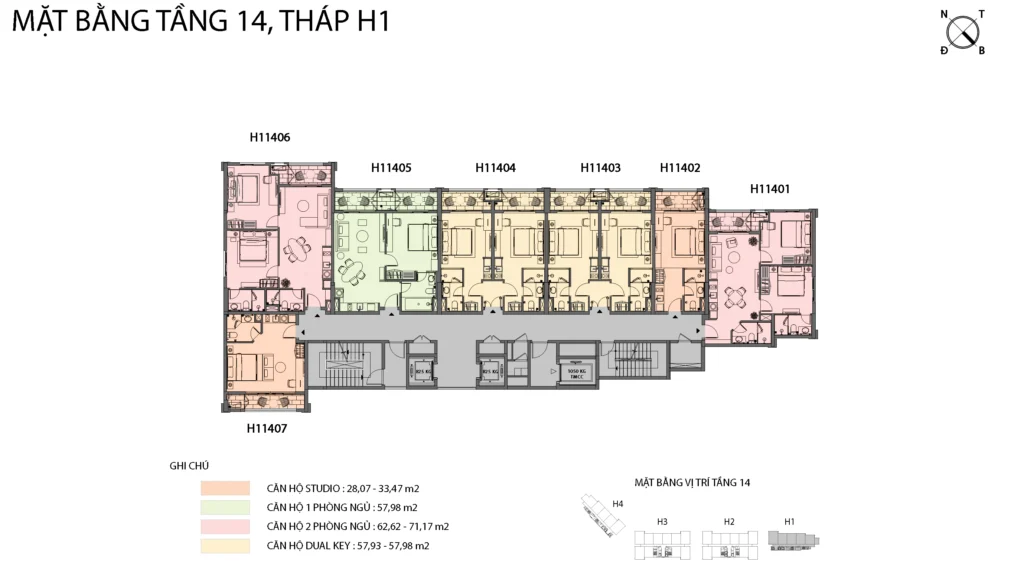 Mặt bằng Hillside tầng 14 tòa H1, gồm mã căn và chú giải loại căn
