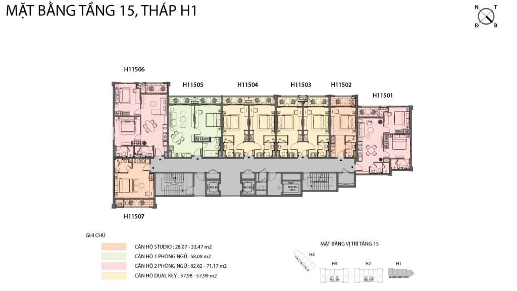 Mặt bằng Hillside tầng 15 tòa H1, gồm mã căn và chú giải loại căn