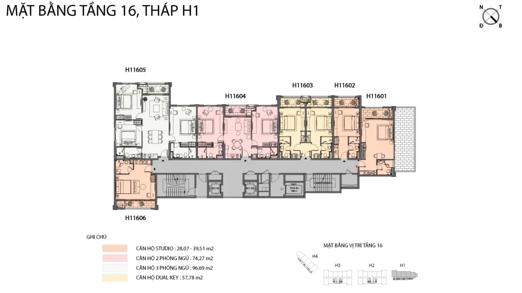 Mặt bằng Hillside tầng 16 tòa H1, gồm mã căn và chú giải loại căn