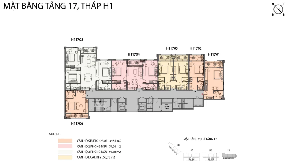 Mặt bằng Hillside tầng 17 tòa H1, gồm mã căn và chú giải loại căn