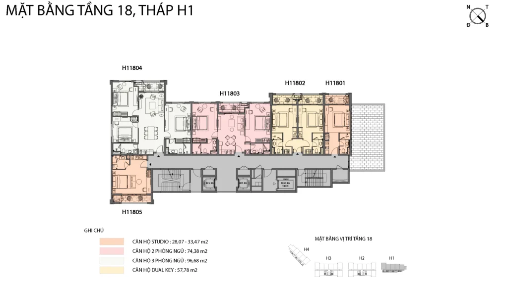 Mặt bằng Hillside tầng 18 tòa H1, gồm mã căn và chú giải loại căn
