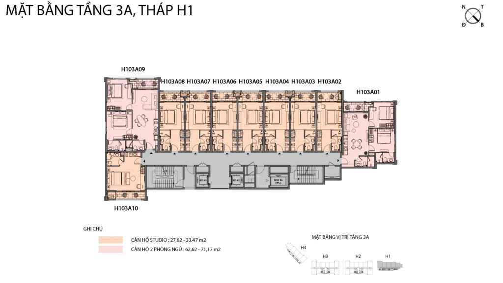 Mặt bằng Hillside tầng 3A tòa H1, gồm mã căn và chú giải loại căn