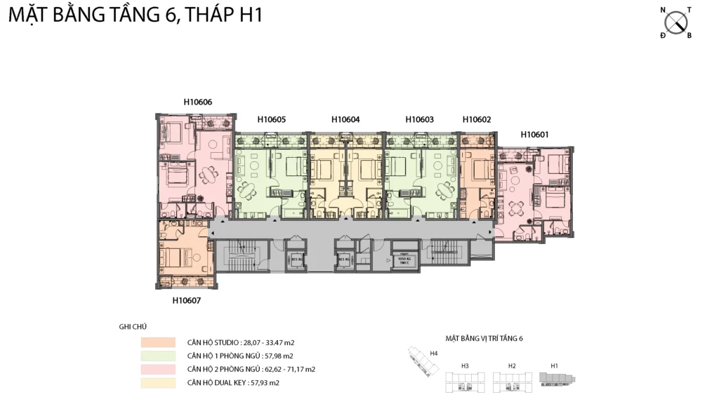 Mặt bằng Hillside tầng 6 tòa H1, gồm mã căn và chú giải loại căn