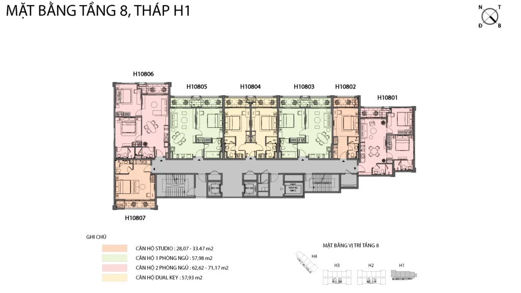 Mặt bằng Hillside tầng 8 tòa H1, gồm mã căn và chú giải loại căn