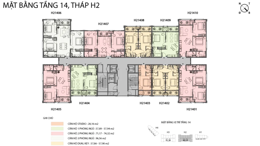 Mặt bằng Hillside tầng 14 tòa H2, gồm mã căn và chú giải loại căn