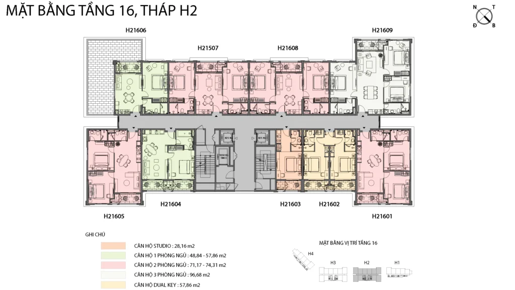 Mặt bằng Hillside tầng 16 tòa H2, gồm mã căn và chú giải loại căn