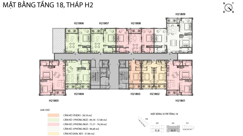 Mặt bằng Hillside tầng 18 tòa H2, gồm mã căn và chú giải loại căn