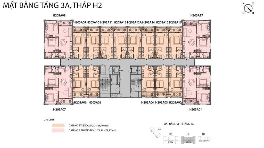 Mặt bằng Hillside tầng 3A tòa H2, gồm mã căn và chú giải loại căn