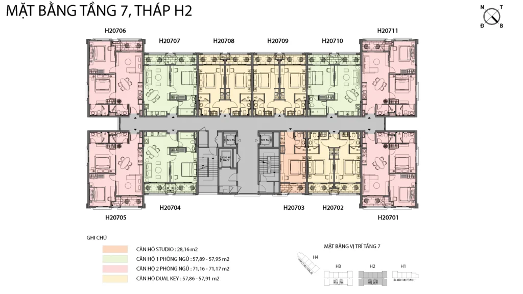 Mặt bằng Hillside tầng 7 tòa H2, gồm mã căn và chú giải loại căn