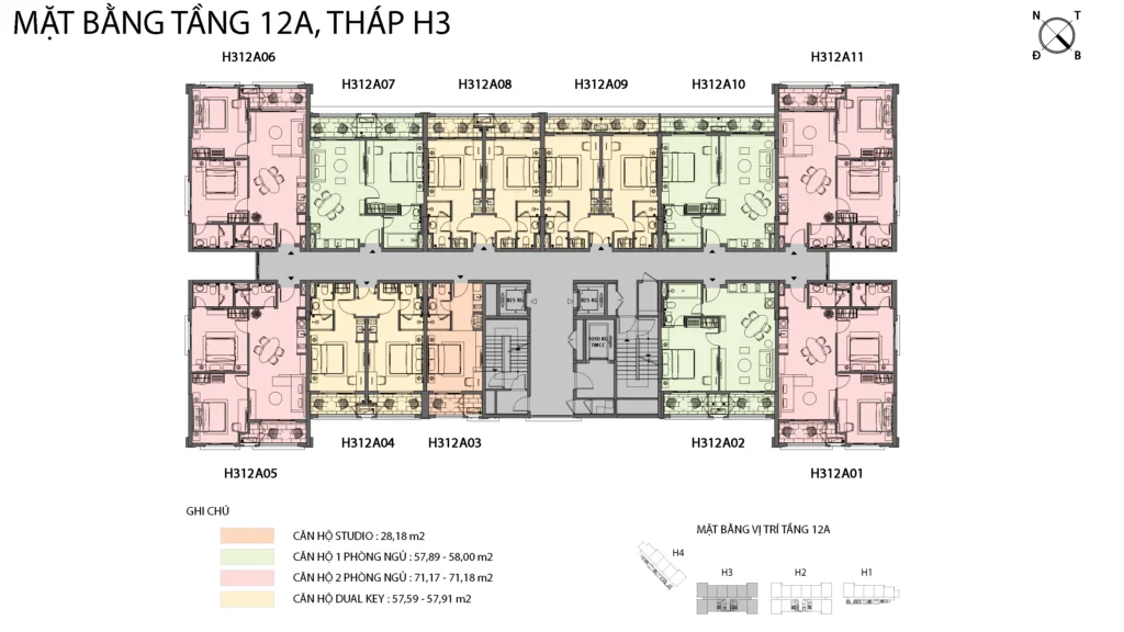 Mặt bằng Hillside tầng 12A tòa H3, gồm mã căn và chú giải loại căn
