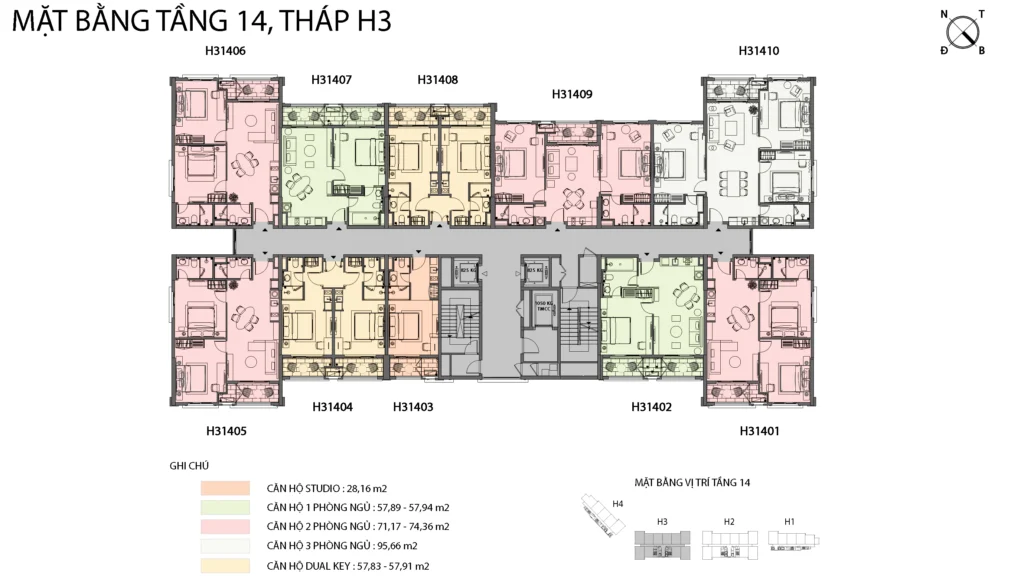 Mặt bằng Hillside tầng 14 tòa H3, gồm mã căn và chú giải loại căn