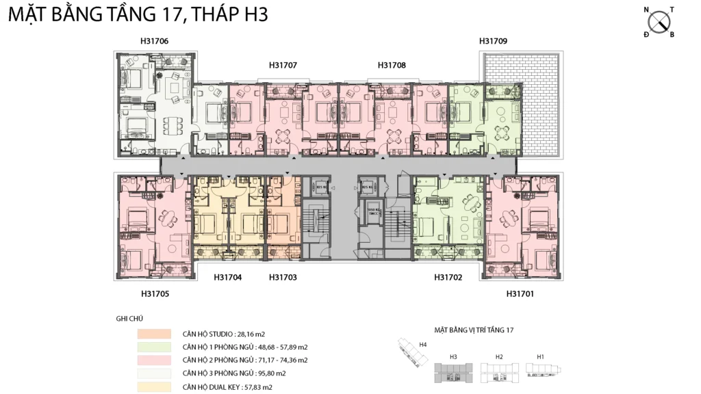Mặt bằng Hillside tầng 17 tòa H3, gồm mã căn và chú giải loại căn
