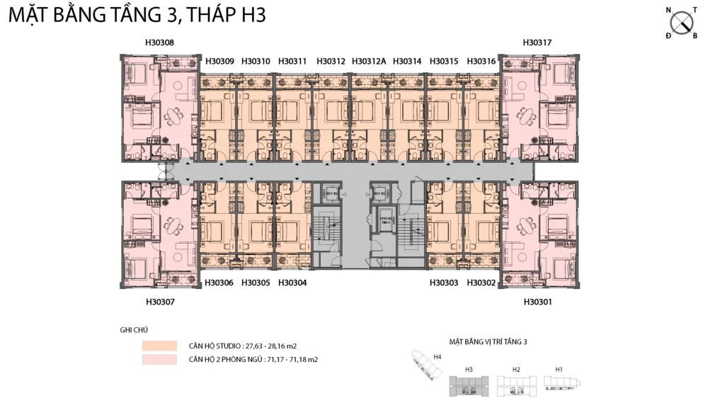Mặt bằng Hillside tầng 3 tòa H3, gồm mã căn và chú giải loại căn