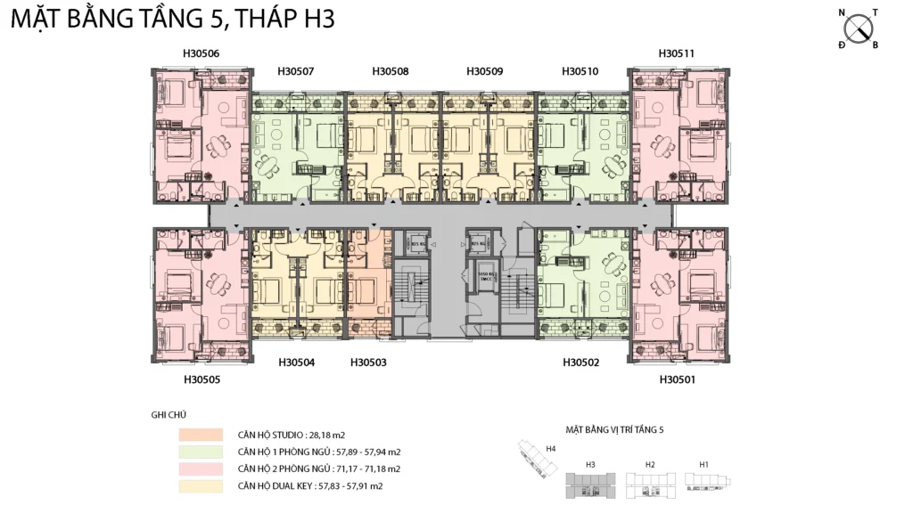 Mặt bằng Hillside tầng 5 tòa H3, gồm mã căn và chú giải loại căn