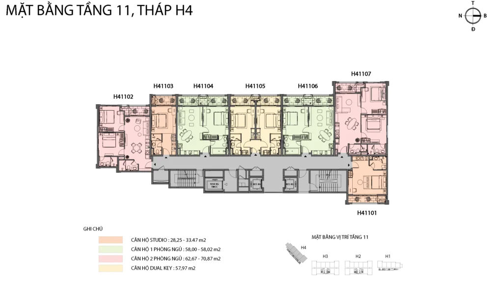 Mặt bằng Hillside tầng 11 tòa H4, gồm mã căn và chú giải loại căn