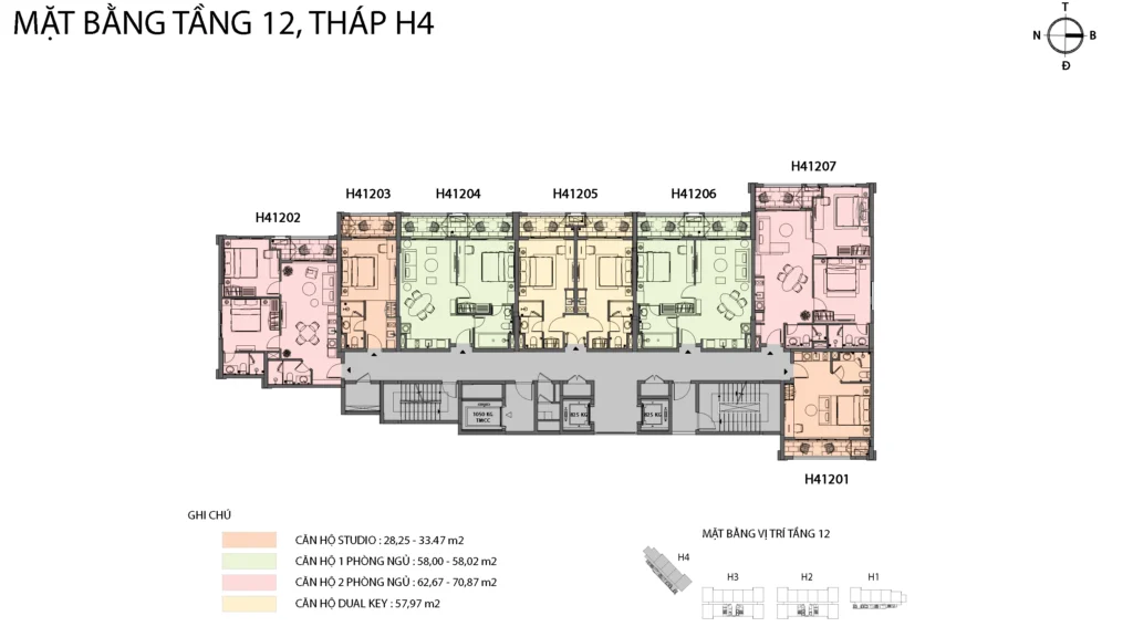 Mặt bằng Hillside tầng 12 tòa H4, gồm mã căn và chú giải loại căn