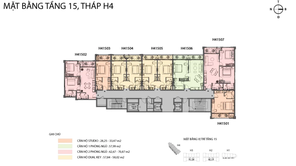 Mặt bằng Hillside tầng 15 tòa H4, gồm mã căn và chú giải loại căn