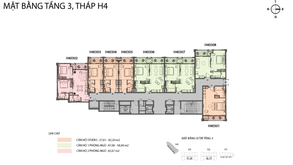 Mặt bằng Hillside tầng 3 tòa H4, gồm mã căn và chú giải loại căn