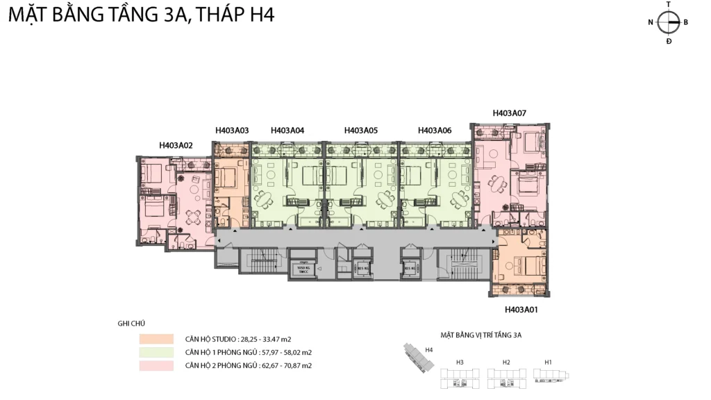 Mặt bằng Hillside tầng 3A tòa H4, gồm mã căn và chú giải loại căn