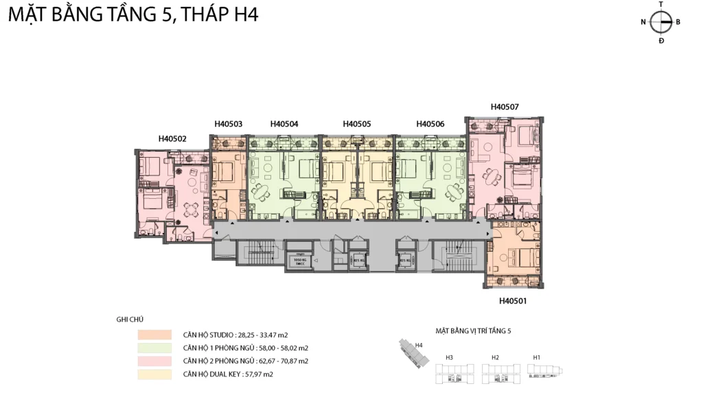 Mặt bằng Hillside tầng 5 tòa H4, gồm mã căn và chú giải loại căn