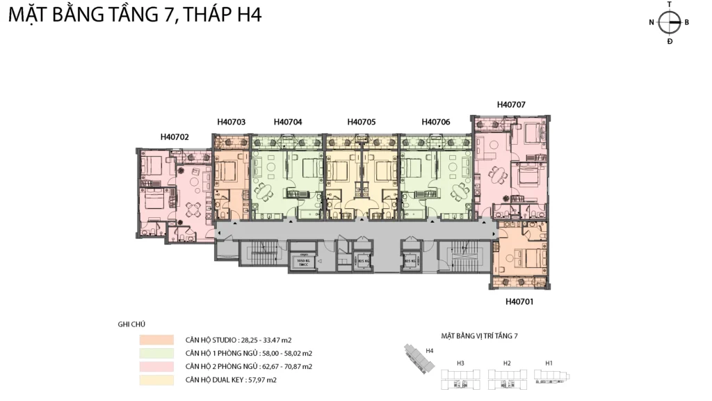 Mặt bằng Hillside tầng 7 tòa H4, gồm mã căn và chú giải loại căn