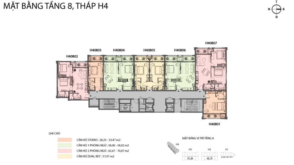 Mặt bằng Hillside tầng 8 tòa H4, gồm mã căn và chú giải loại căn