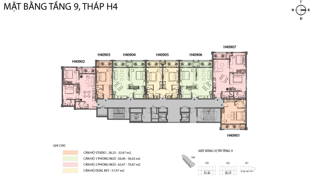 Mặt bằng tầng 9 tòa H4 với bảy mã căn và sơ đồ hướng khối nhà