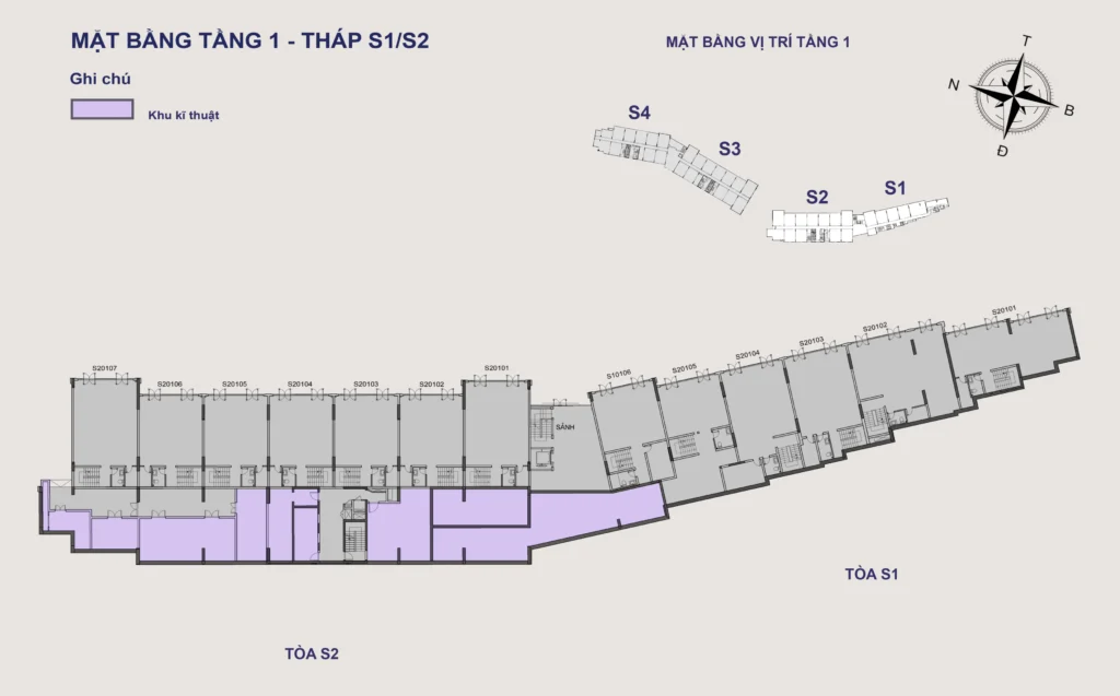 Mặt bằng Hillside tầng 1 tòa S1–S2, gồm mã căn và chú giải loại căn