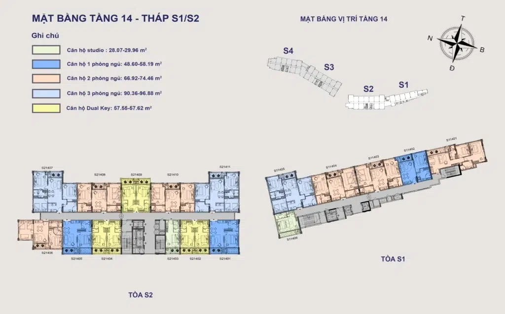 Mặt bằng Hillside tầng 14 tòa S1–S2, gồm mã căn và chú giải loại căn