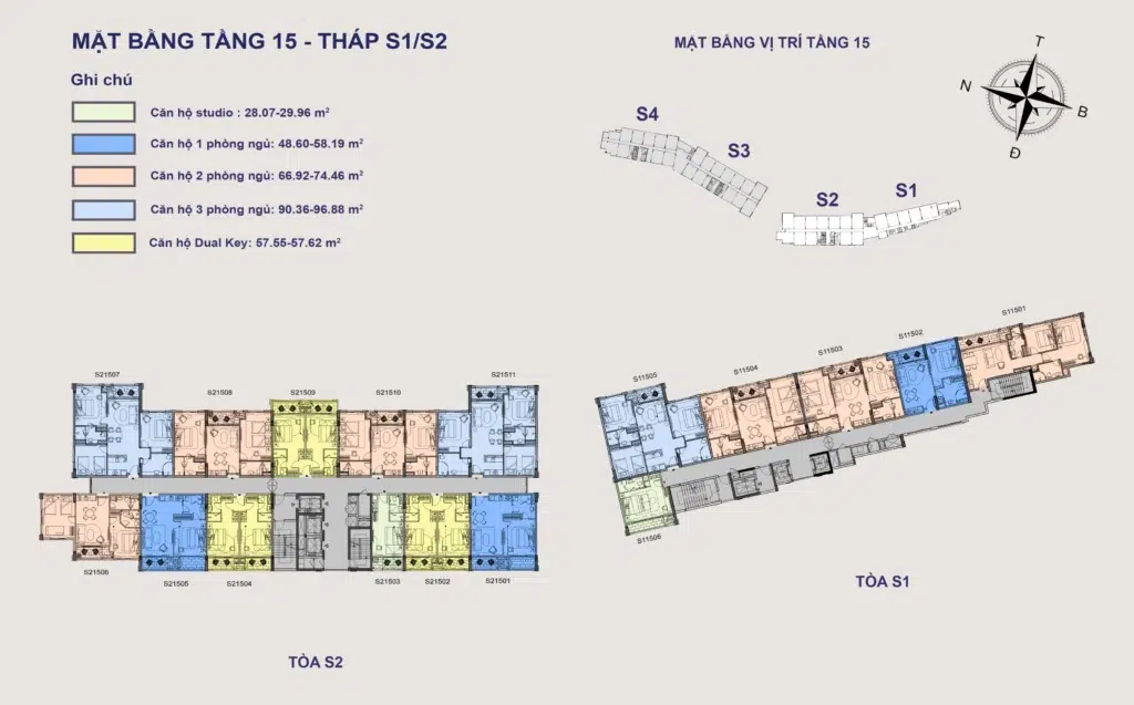 Mặt bằng Hillside tầng 15 tòa S1–S2, gồm mã căn và chú giải loại căn