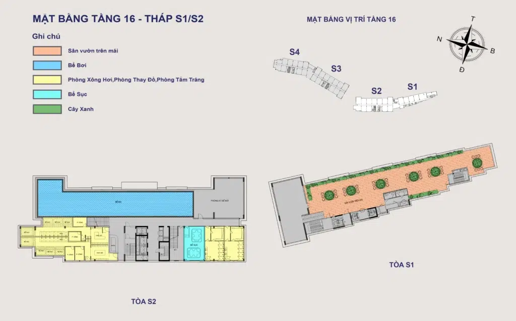 Mặt bằng Hillside tầng 16 tòa S1–S2, gồm mã căn và chú giải loại căn