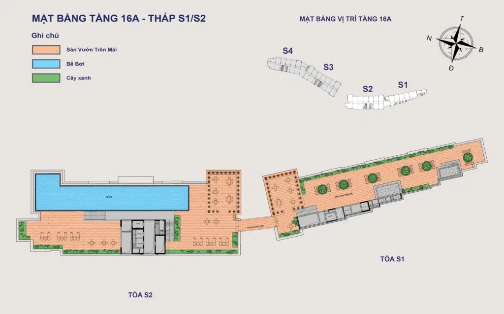 Mặt bằng Hillside tầng 16A tòa S1–S2, gồm mã căn và chú giải loại căn