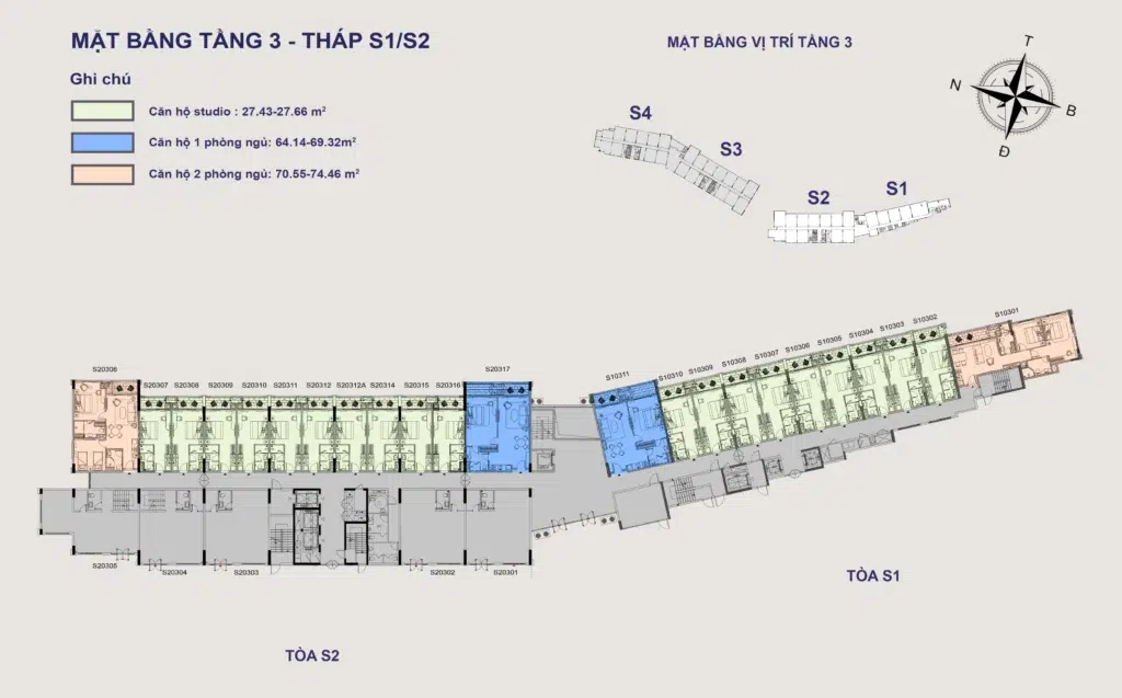 Mặt bằng Hillside tầng 3 tòa S1–S2, gồm mã căn và chú giải loại căn
