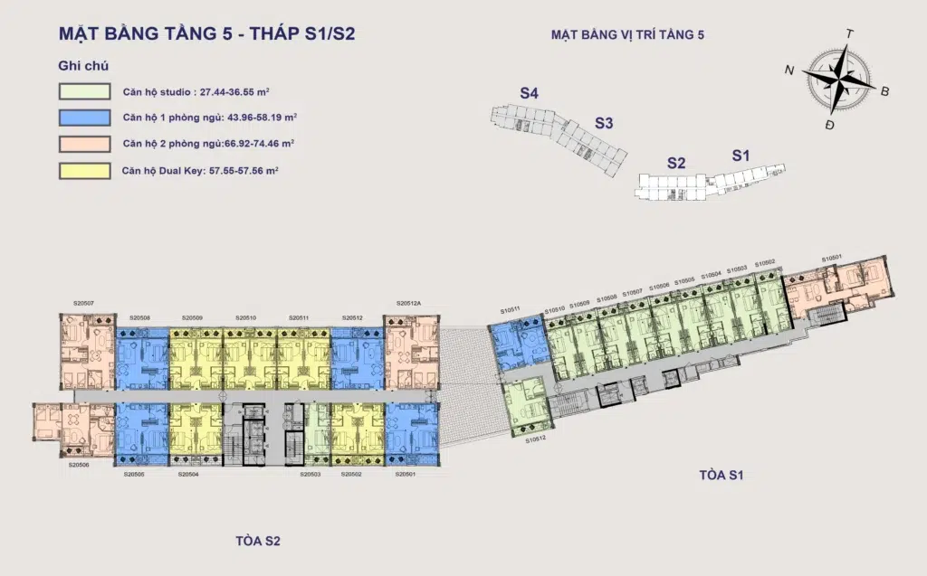 Mặt bằng Hillside tầng 5 tòa S1–S2, gồm mã căn và chú giải loại căn