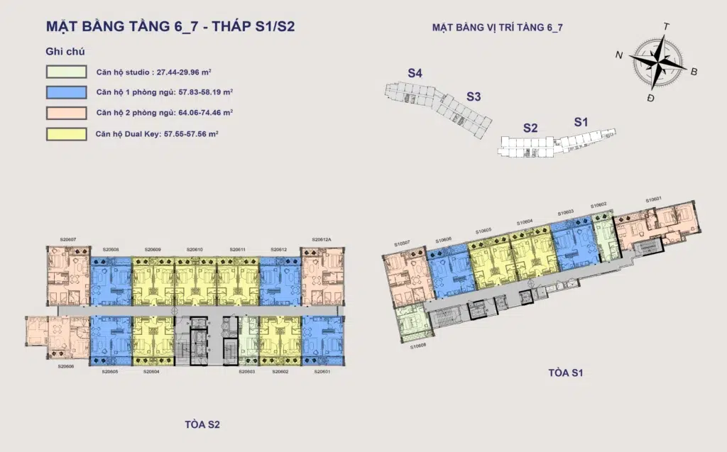 Mặt bằng Hillside tầng 6-7 tòa S1–S2, gồm mã căn và chú giải loại căn