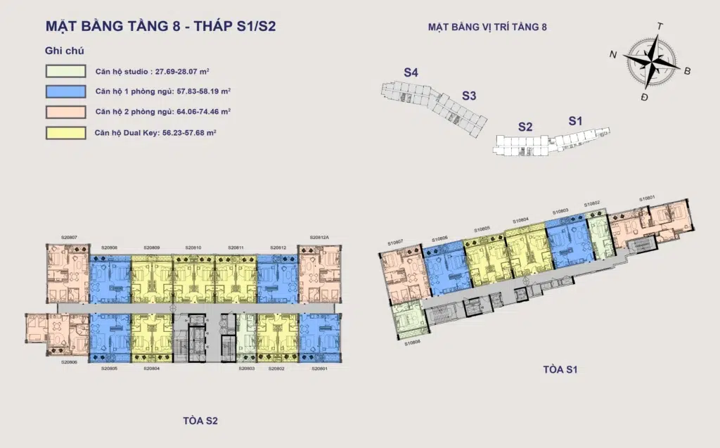 Mặt bằng Hillside tầng 8 tòa S1–S2, gồm mã căn và chú giải loại căn