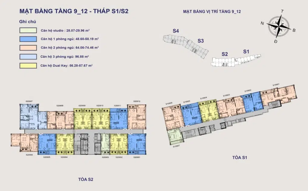 Mặt bằng tầng 9–12 The Sea với 7 căn S1, 12 căn S2 và chú giải loại căn, diện tích