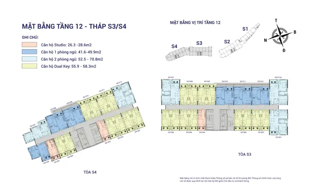 Mặt bằng Hillside tầng 12 tòa S3–S4, gồm mã căn và chú giải loại căn