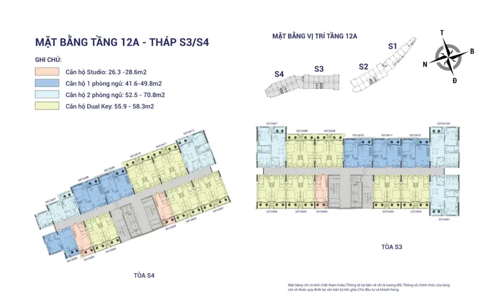 Mặt bằng Hillside tầng 12A tòa S3–S4, gồm mã căn và chú giải loại căn