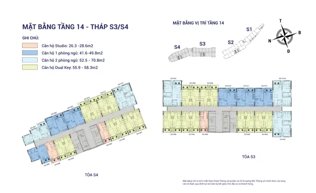 Mặt bằng Hillside tầng 14 tòa S3–S4, gồm mã căn và chú giải loại căn