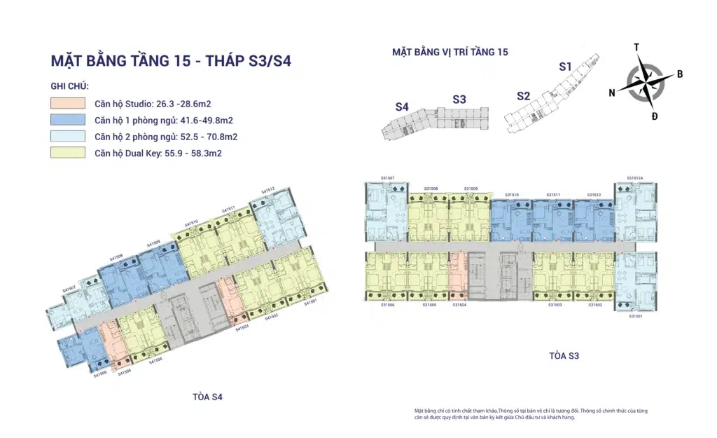 Mặt bằng Hillside tầng 15 tòa S3–S4, gồm mã căn và chú giải loại căn