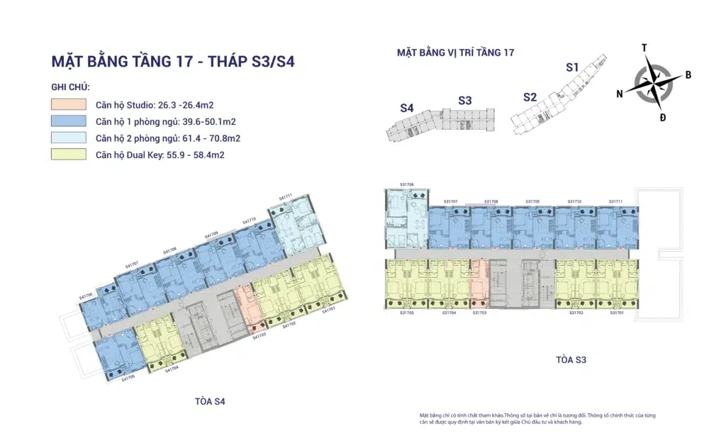 Mặt bằng Hillside tầng 17 tòa S3–S4, gồm mã căn và chú giải loại căn